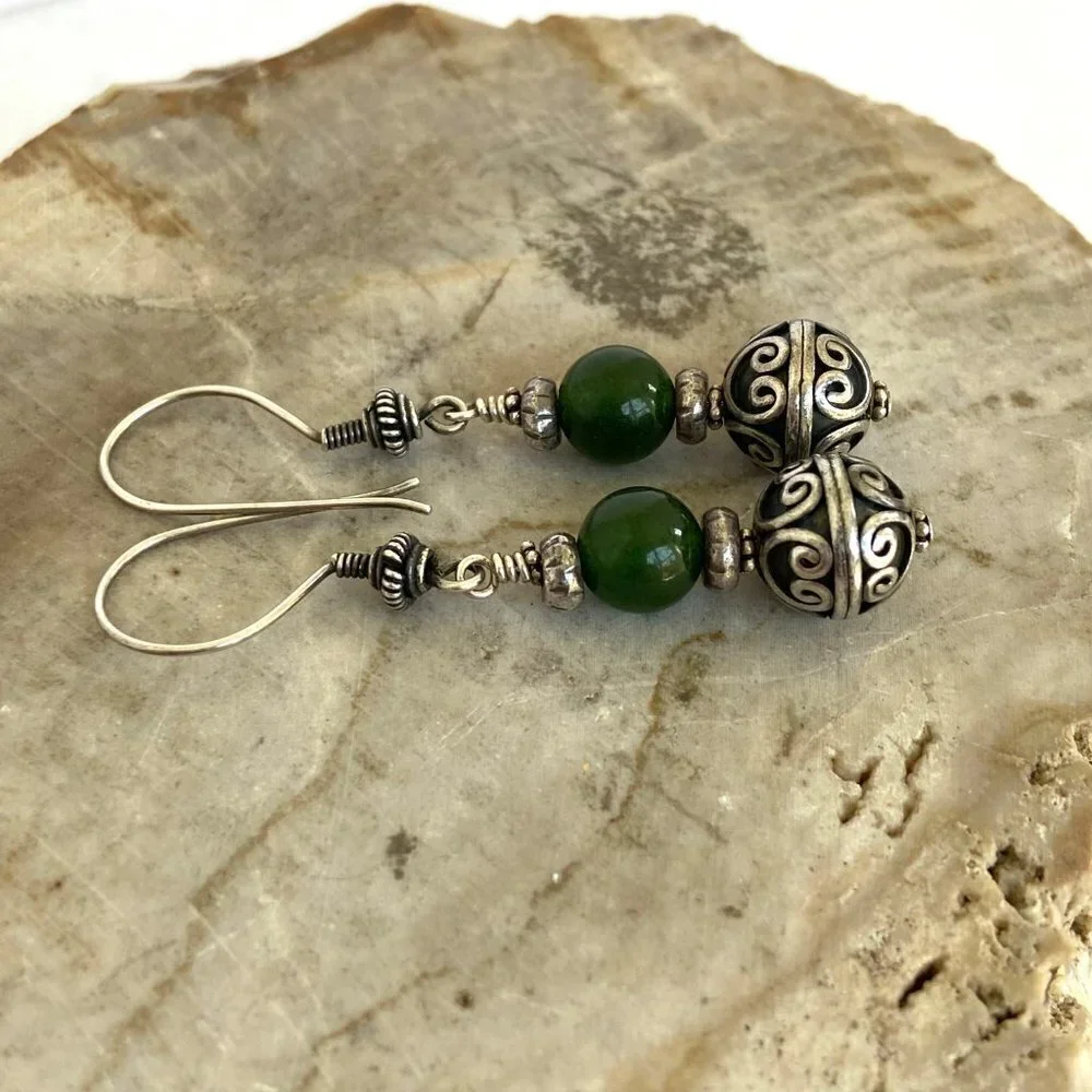 Sterling Silver 925 Round Beaded Nephrite Oxidized Scrollwork Dangle Earrings